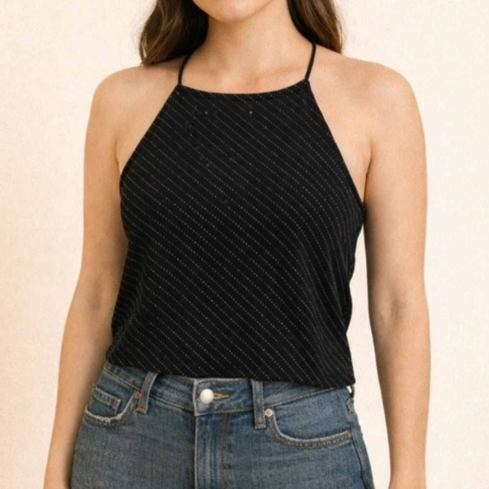 Forever 21 Black Velvet Polka Dot‎ Halter Crop Top Size Small